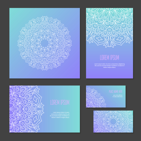 Set trendy gradient composition with ethnic symmetric abstract circle pattern of corporate identity, template for flower shop, workshop or salon. Vector banners. Cover brochure booklet business cardのイラスト素材