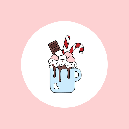 Square greeting card. Christmas sweet winter cartoon drink. Hot chocolate with marshmallow, candies and chocolate in cup isolated. Sweetest Day. Vector illustration.のイラスト素材