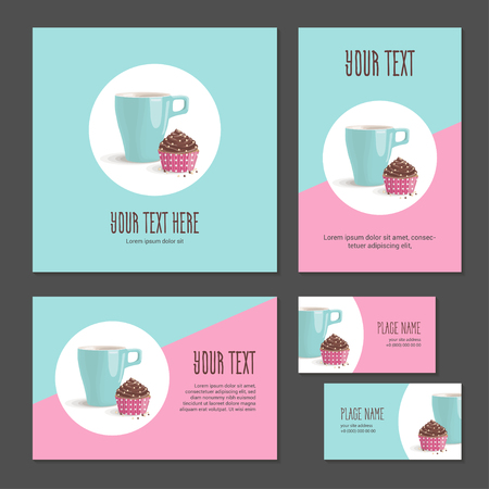 Set corporate style elements with dessert. Template cover brochure, booklet and business card for restaurant, cafe or pastry shop. Cup and chocolate cake in packing paper in polka dots on white circleのイラスト素材