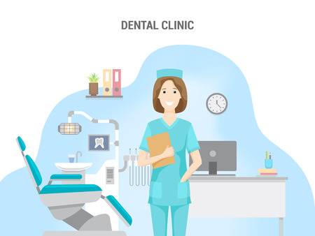 Dental clinic. Conceptual banner flat design isolated. Caucasian female doctor in the office. Dental chair, computer and equipment. Vector illustration.のイラスト素材