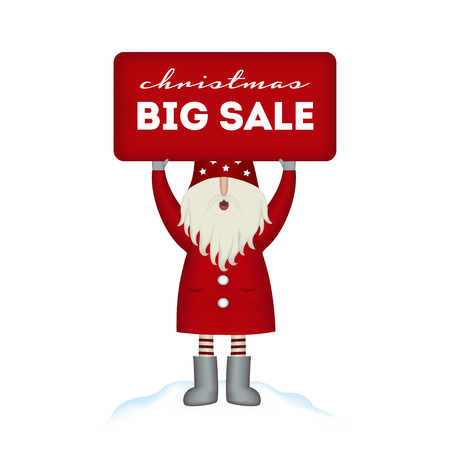 Christmas card sale. Nisse Santa Claus scandinavian folk style, in red fur coat, holding banner, vector illustration for advertisingのイラスト素材