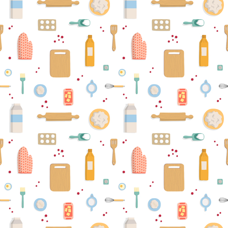 Seamless pattern on white background baking flat top view. Ingredients and items for making the cake isolated. Texture for textiles, wrapping paper and website. Vector illustrationのイラスト素材