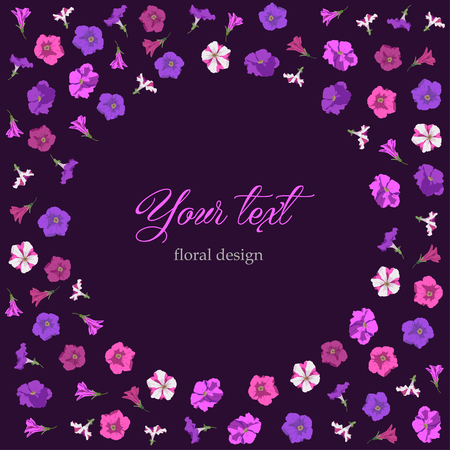 Greeting floral card on a dark background. Frame of red, pink and purple petunia flowers in a circle. Vector illustrationのイラスト素材