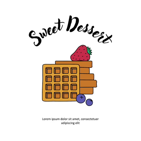 Template for cartoon menu with line. Sweet Viennese waffles with strawberries and blueberries on a white background. For restaurant and cafe isolated. Vector illustrationのイラスト素材