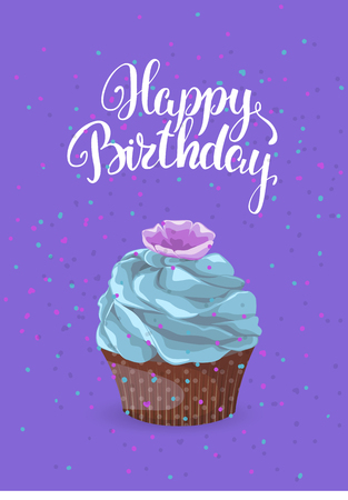 Sweet dessert on a bright background with an inscription greeting card. Happy birthday chocolate cake with cream and cookies on a purple background, template vectorのイラスト素材
