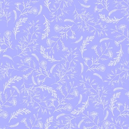 Abstract floral seamless pattern hand drawing on pastel background. White line cornflowers and spike of cereals. Romantic garland for fabric, wrapping and wallpaper. Vector illustrationのイラスト素材
