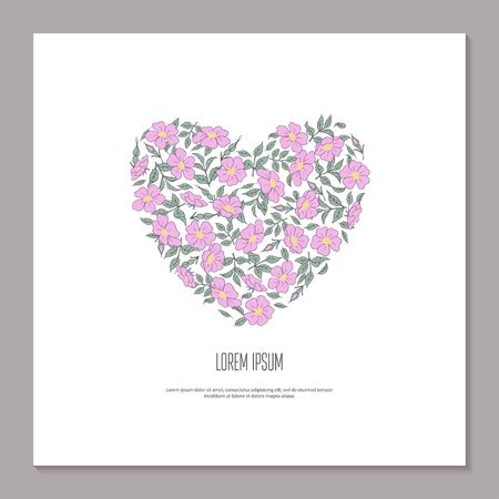 Floral square template for greeting card. Cover for social media posts, mobile apps, banners design and web internet. Pink flower rose hip and leaf in shape of heart hand drawing. Vector illustrationのイラスト素材
