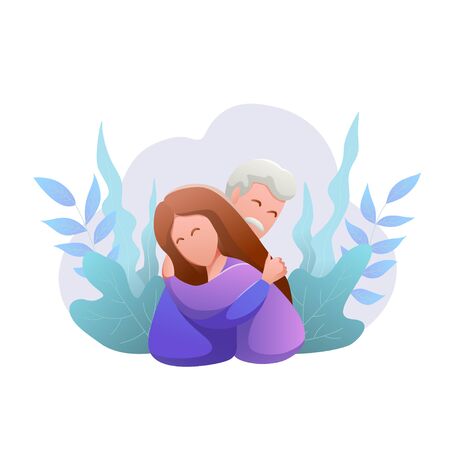 Day of elderly. flat design isolated banner. Happy young man and woman hug each other. Tender relationships against the background of plants. Fathers day. Modern vector illustration.のイラスト素材