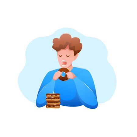 National Donut Day Flat Design Isolated Banner. Young hungry man eating a donut with chocolate. Modern vector illustration.のイラスト素材