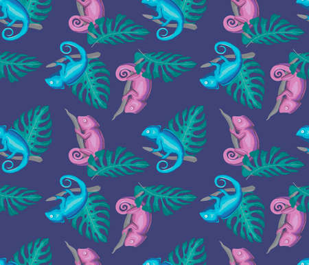 Bright seamless tropical pattern. Blue and lilac chameleons on dark under palm leaves. Vector illustration for fabric, wrapping paper and wallpaperのイラスト素材