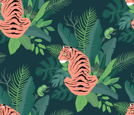 Sitting among the jungle tiger and chameleon. Seamless tropical pattern flat design. For fabric, wrapping paper and wallpaperのイラスト素材