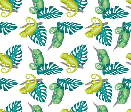 Green chameleons and monstera leaves in the jungle. Seamless isolated tropical pattern. Vector illustration of fabric, wrapping paper and wallpaperのイラスト素材