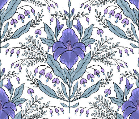 Abstract blue gladiolus and lilac bluebells with leaves on white. Isolated seamless pattern with outline. For fabric, wrapping paper, wallpaper. vector illustrationのイラスト素材
