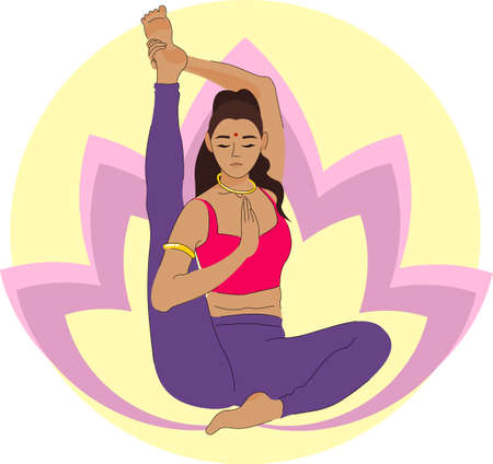 A girl does yoga on the background of a lotus. One of the poses of a set of exercises. An isolated figure. Vector.のイラスト素材