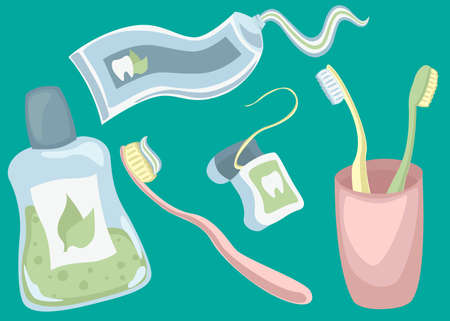 A set of elements for healthy teeth. Tools for brushing teeth. Oral care and hygiene products. Toothbrush, toothpaste, mouthwash and dental floss. Vector illustration in a flat styleのイラスト素材
