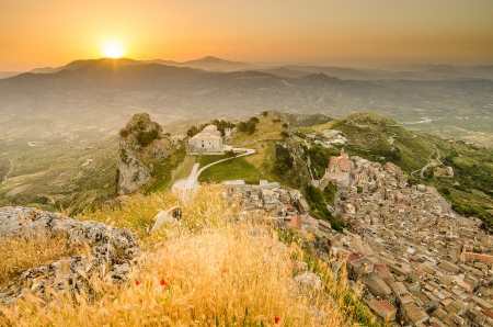 Mountain town Caltabellotta  Sicily, Italy  in the morning  Church of San Salvatoreの写真素材