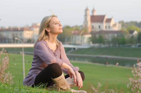 Young sexy woman relaxing in Vilnius, Lithuaniaの写真素材