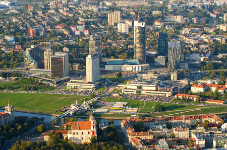 New Center of Vilnius, Lithuania. Aerial view from piloted flying object.のeditorial素材
