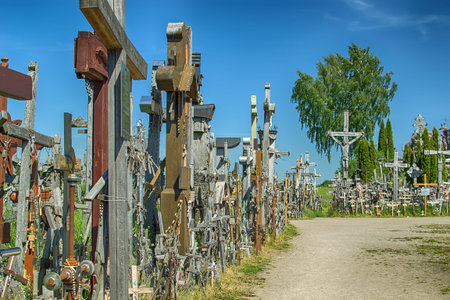 Hill of Crosses in Lithuania next to city of Siauliai in the summer. It is a famous religious site...