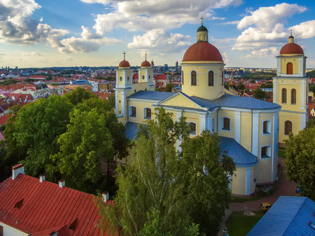 AERIAL. Old Town in Vilnius, Lithuania: Orthodox Church and monastery of the Holy Spirit, Lithuanian: Staciatikiu sv. Dvasios cerkve ir vienuolynasの写真素材