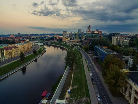 Aerial top night view of Old Town in Vilnius, Lithuania in the sunriseの写真素材