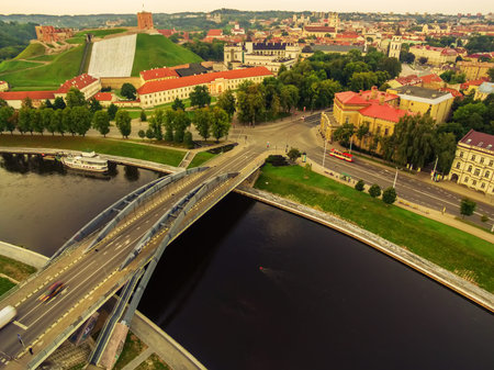 Aerial top night view of Old Town in Vilnius, Lithuania in the sunriseの写真素材