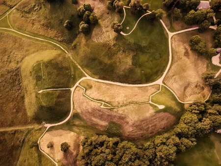 Flat lay, aerial top view of Kernave, historical capital city of Lithuania, in the sunsetの写真素材