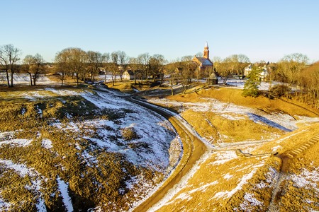 Flat lay, aerial top view of Kernave, historical capital city of Lithuaniaの写真素材