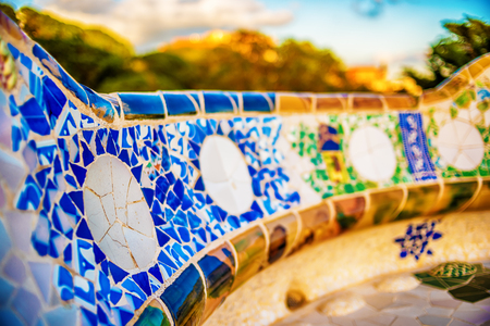 Barcelona, Catalonia, Spain: mosaic in the Park Guell of Antoni Gaudiの写真素材