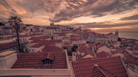 Lisbon, Portugal: aerial view the old town, Alfamaの写真素材