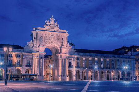 Lisbon, Portugal: the Triumphal Rua Augusta Arch, Arco Triunfal da Rua Augusta at sunriseの写真素材