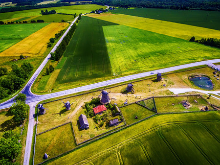 Saarema Island, Estonia: beautiful aerial top view of summer fields and Angla windmills in Leisi Parishの写真素材