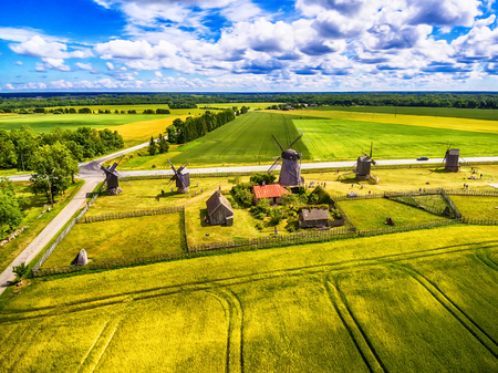 Saarema Island, Estonia: beautiful aerial top view of summer fields and Angla windmills in Leisi Parishの写真素材