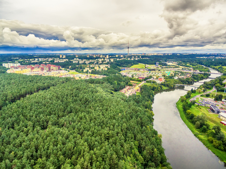 Vilnius, Lithuania: aerial UAV top view of Neris river and park in Bukciai in the summerの写真素材