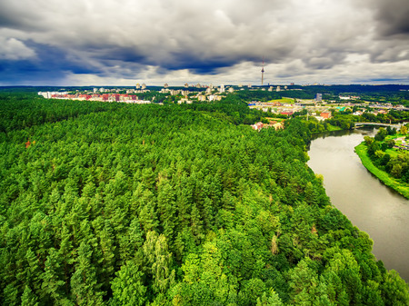 Vilnius, Lithuania: aerial UAV top view of Neris river and park in Bukciai in the summerの写真素材