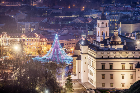 Vilnius, Lithuania: Christmas tree and decorations in Cathedral Square, aerial top viewの写真素材