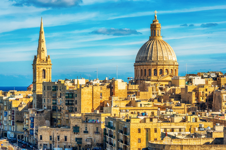 Valletta, Malta: aerial view from city walls in the morning. The cathedralの写真素材