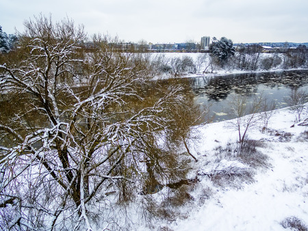 Vilnius, Lithuania: aerial top view of ice drift in Neris river in winterの写真素材