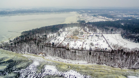Kaunas, Lithuania: Pazaislis Monastery and Church, located on a peninsula in Kaunas Reservoir, in winterの写真素材