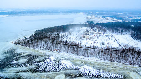 Kaunas, Lithuania: Pazaislis Monastery and Church, located on a peninsula in Kaunas Reservoir, in winterの写真素材