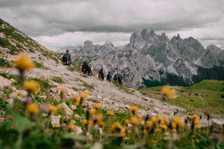 Hikers on the Scenic Trail to Cadini di Misurina, Dolomitesの写真素材