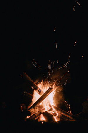 This vertical photo captures a nighttime campfire in the dark forest. The scene is illuminated by...