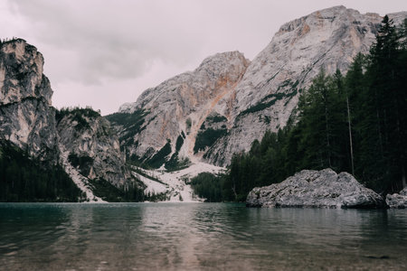 Stunning View of Lake Braies in the Dolomites, Italy