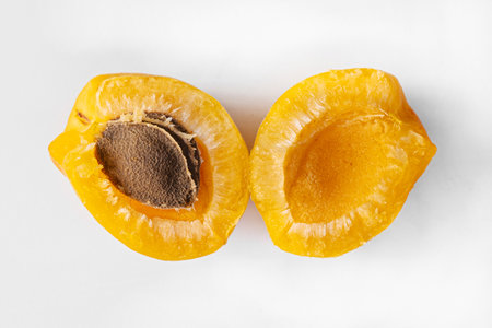 A close-up photograph of a halved apricot displaying its seed and vibrant, juicy interior. The detailed texture of the fruit's flesh and seed is captured beautifully, emphasizing the freshness and ripeness of the apricot. This image is perfect for use in food photography, health blogs, or as an illustration in nutritional articles.の写真素材