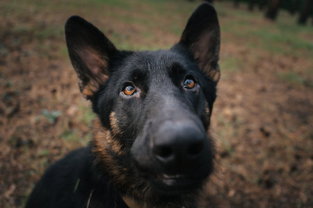 Close-up of a German Shepherd looking attentively during a training session in natureの写真素材