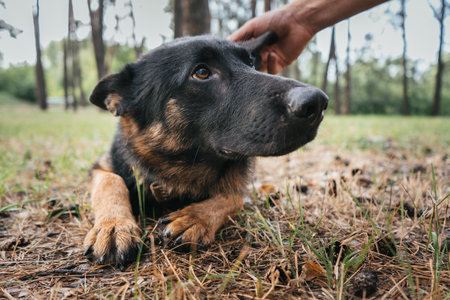 German Shepherd receiving affection after a successful training session in the forestの写真素材