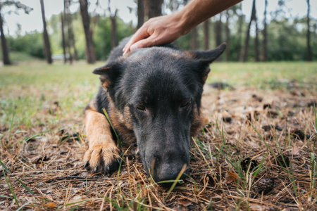 German Shepherd receiving affection after a successful training session in the forestの写真素材