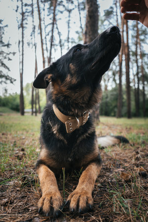 German Shepherd attentively waits for command during training in the forestの写真素材