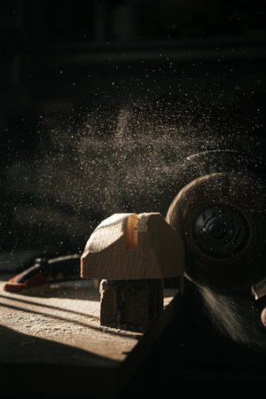 Close-up of woodworking process with flying sawdust and toolsの写真素材