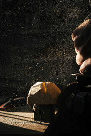 Close-up of woodworking process with flying sawdust and tools